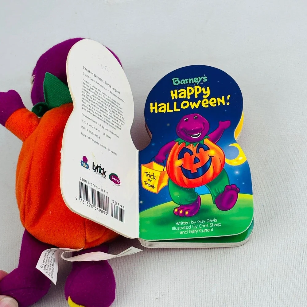 Barney Happy Halloween Pumpkin Plush Board Book 2000 Lyons Purple Dinosaur Vtg
